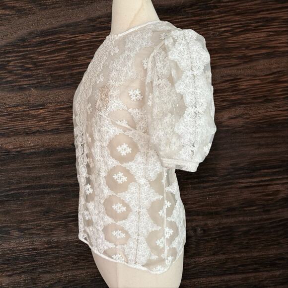 SANDRO Esperance Blouse Top Sz M NEW $280 White Sheer w Lace Puffed Short Sleeve - Picture 3 of 10